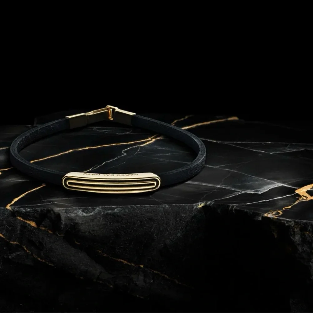 MARCO DAL MASO ACIES IPNOTIC BRACELET Yellow Gold, Black Enamel, Black Leather